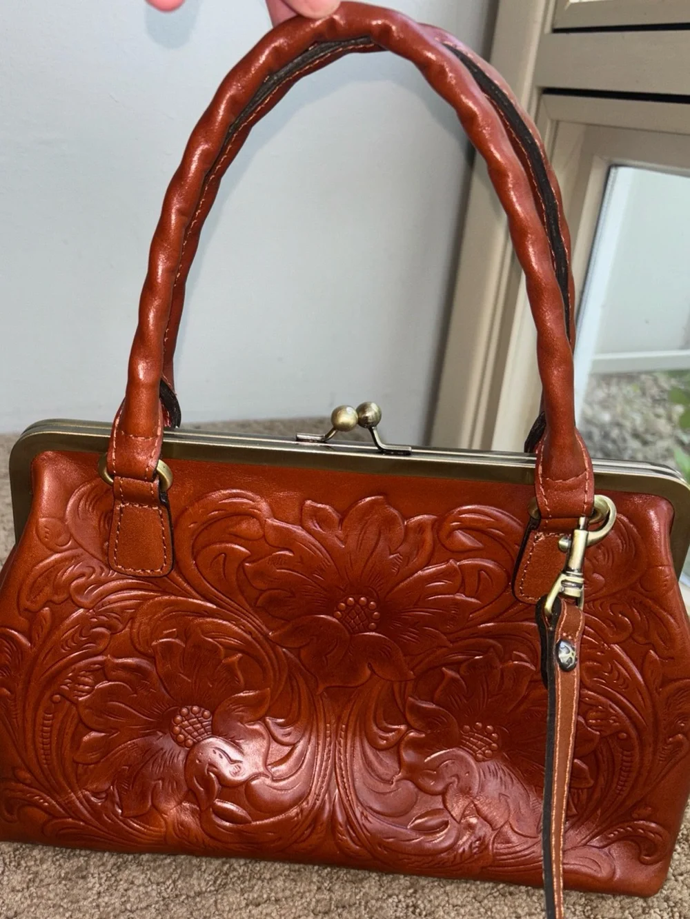 Patricia Nash luxury designer brown Leather handbag embossed floral design